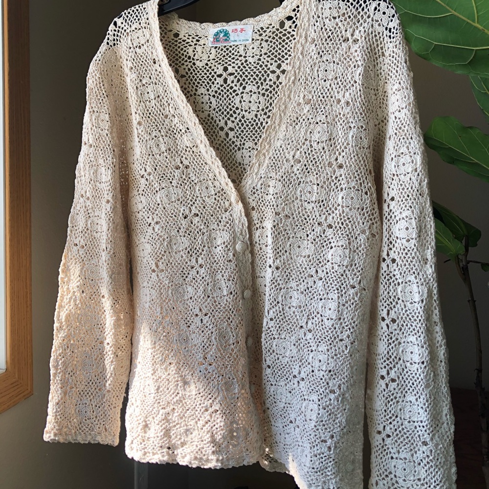 Womens Clever Fingers Cream Lace Crochet Top Large